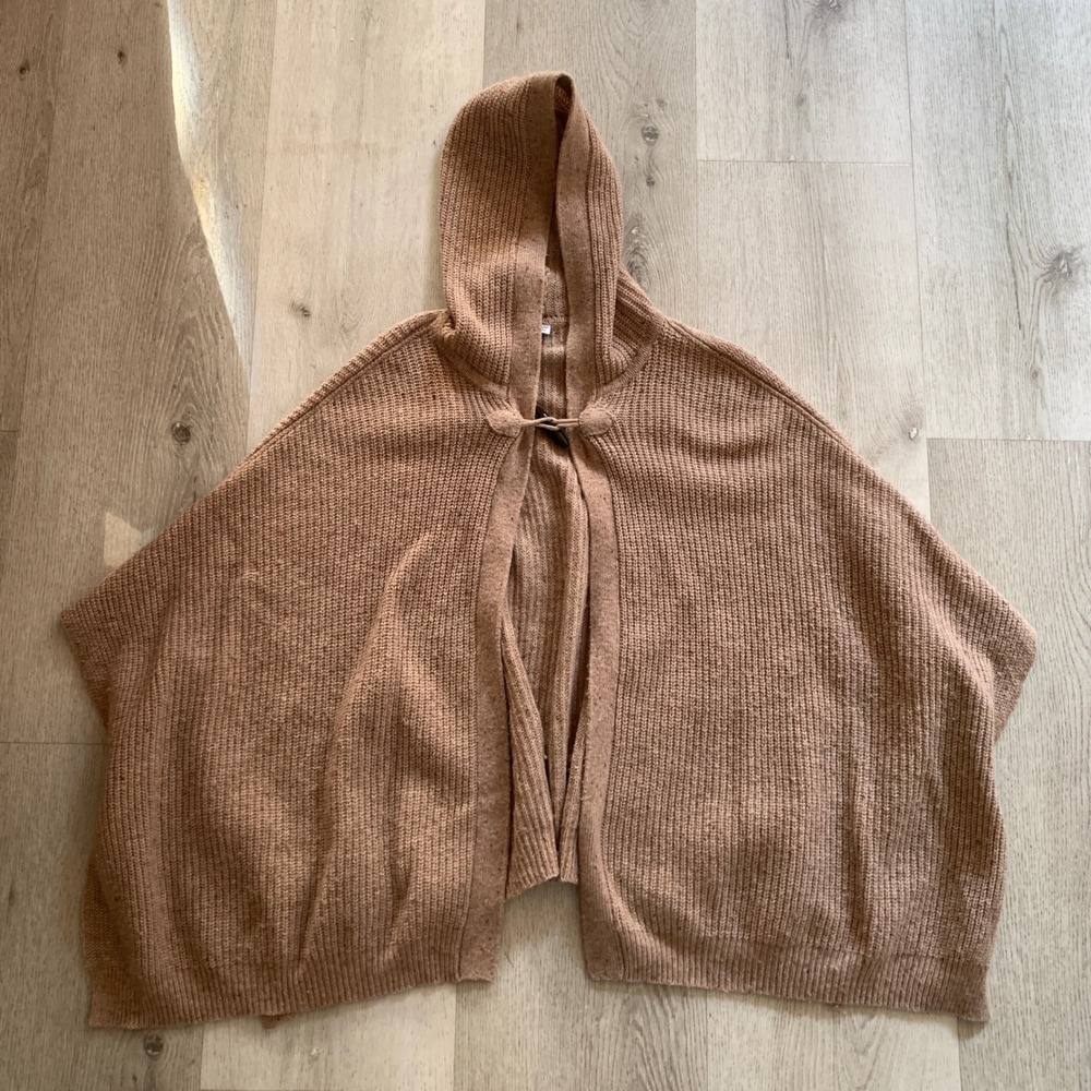 Uniqlo Womens Tan Wool Blend Hooded Toggle Poncho Cape One Size OS F‎